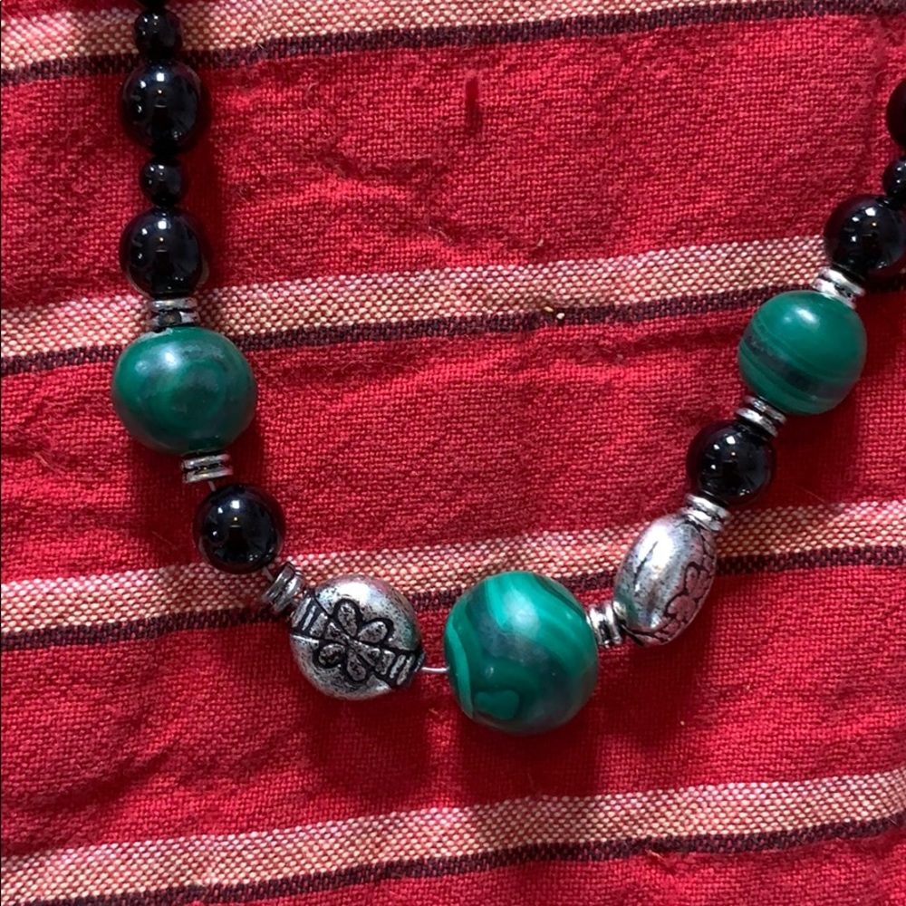 Hand Beaded Necklace - Green, Black & Silver 15”